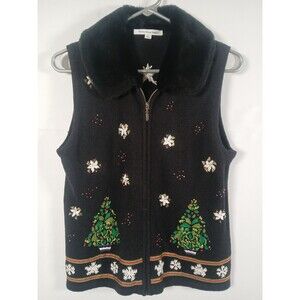 Y2K Mercer Street Studio S Christmas Vest Faux Fur Collar Bead Embroidered Zip